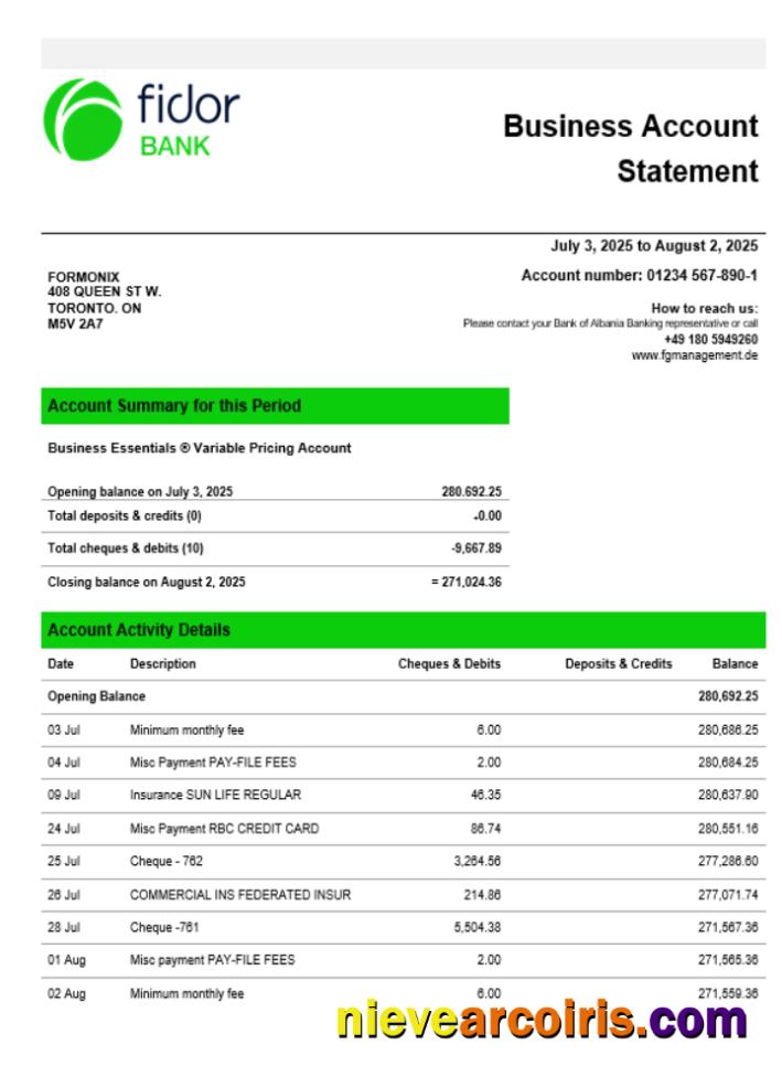 Fidor bank business firm account statement Word snd PDF format
